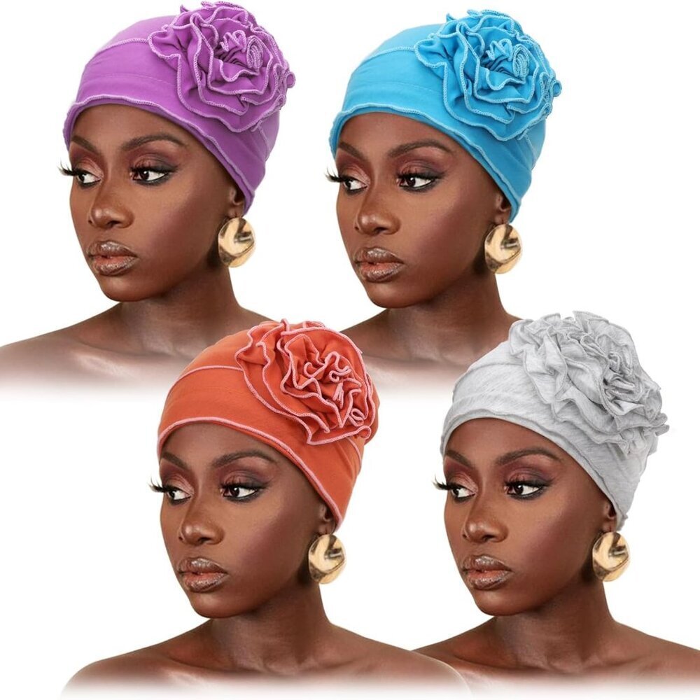 4 Pcs Cotton Beanie Turban Headwear for Women Elastic Chemo Hat Wrappers
